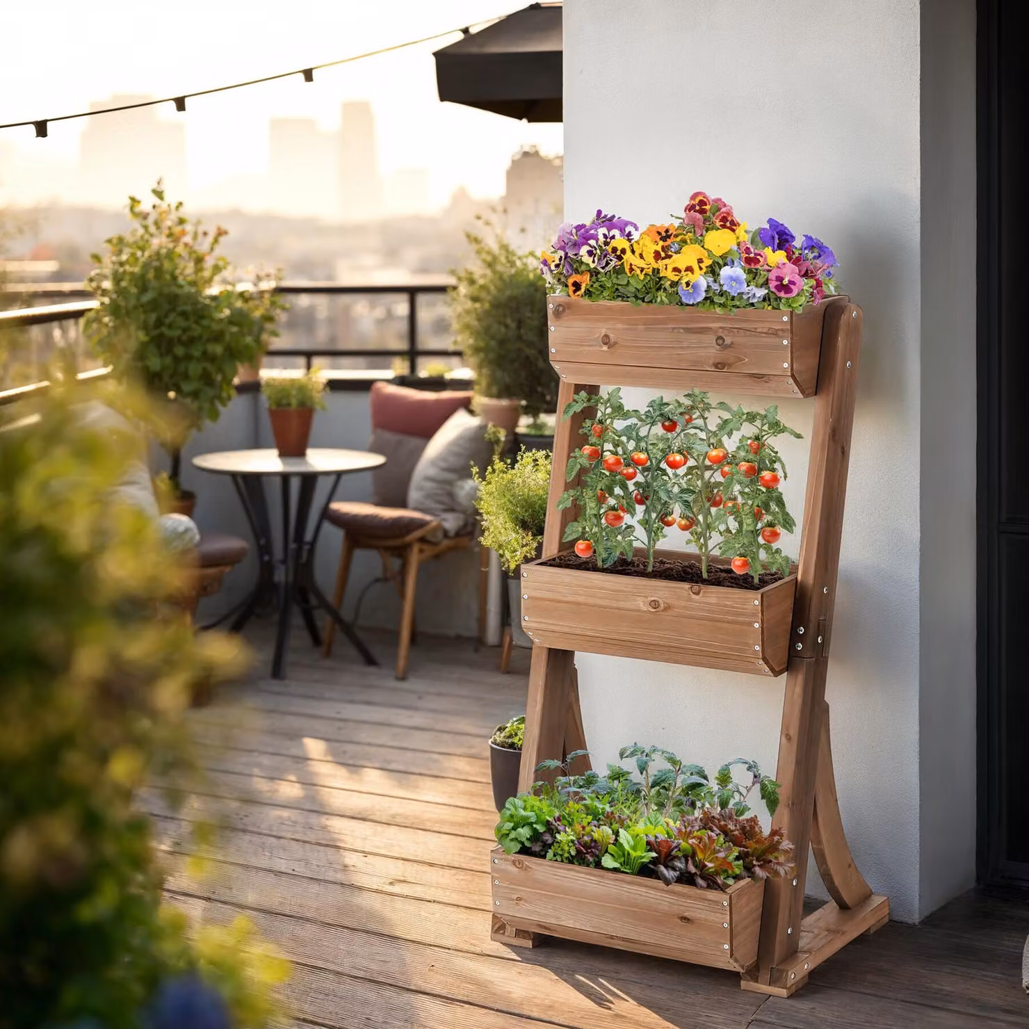Aiuola verticale Tectake Flora in legno verniciato marrone con tessuto non tessuto per orto e giardino, L: 60 cm, P: 49 cm, H: 140 cm – 2