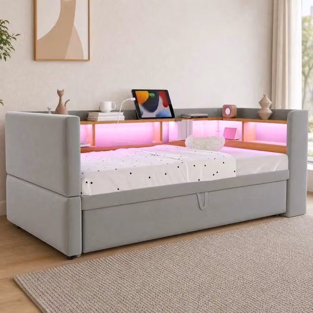 Divano letto imbottito multifunzione 90/180x190 cm con luci LED, prese elettriche e ampi vani portaoggetti, grigio chiaro