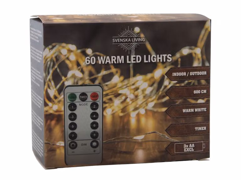 Catena luminosa a filo per esterni bianco caldo - 60 LED / 600 cm - Filo luminoso con timer e funzione dimmer telecomando a batteria