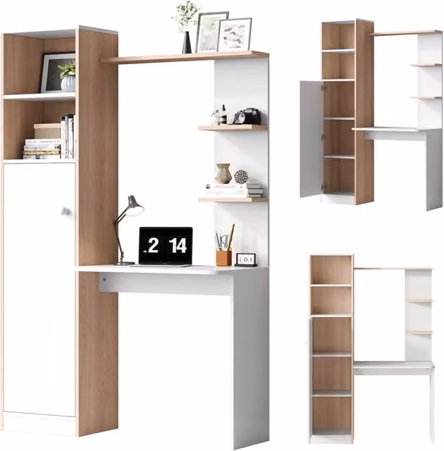 Scrivania con contenitore 123，5x45x168，5 cm bianca effetto legno， home office