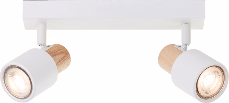Brilliant Pini Faretto a LED a 2 luci, teste orientabili, dimmerabile, attacchi GU10, bianco/legno chiaro, 345 lumen, legno sostenibile per soggiorno e studio