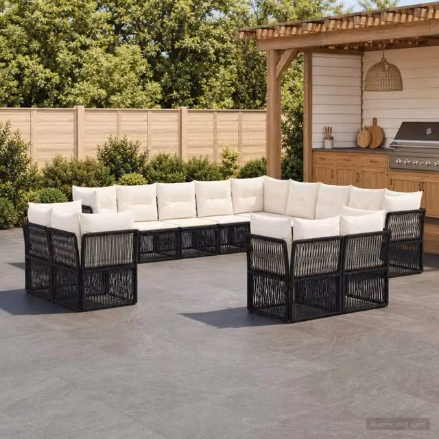 Set Divano da Giardino vidaXL a forma a U in Polyrattan Nero con Cuscini e Rivestimenti Rimovibili