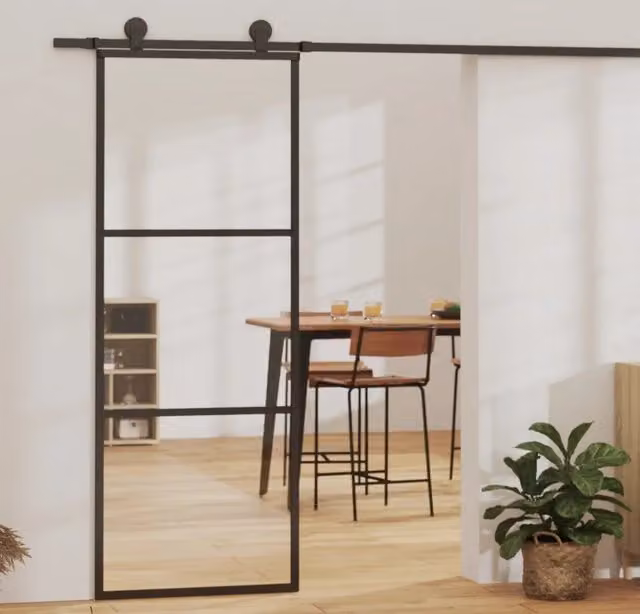 Porta Scorrevole vidaXL in Alluminio e Vetro Trasparente Nero L: 76 cm, H: 205 cm – 1