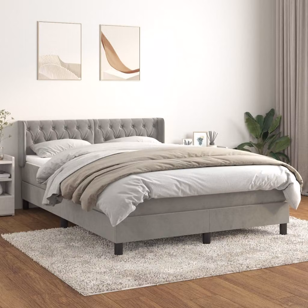 The Living Store Letto a molle con materasso grigio chiaro 140x200 cm in velluto