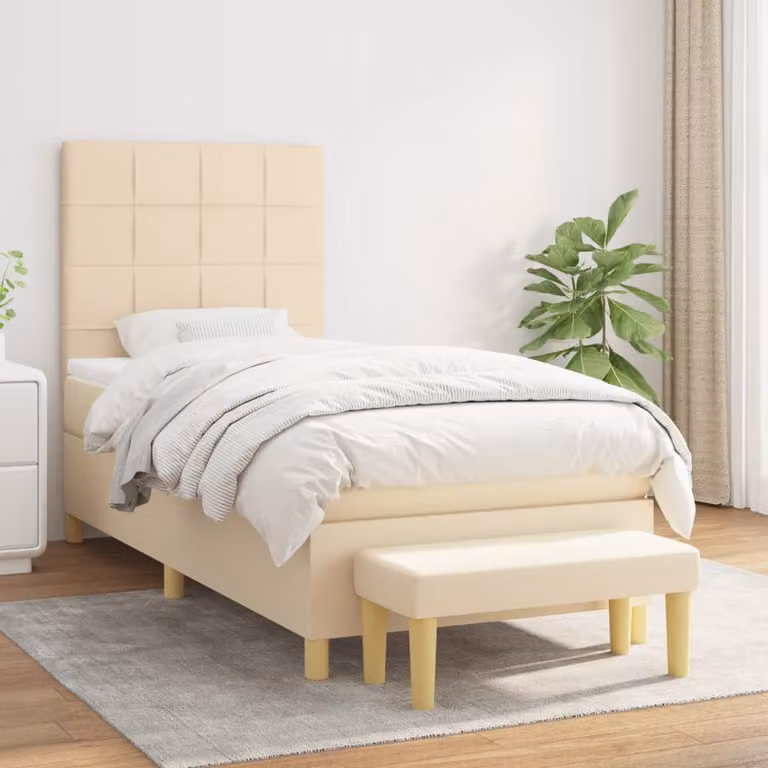 vidaXL Giroletto a Molle Ibrido con Materasso in Tessuto Beige e Bianco L/P/H: 200 x 100 x 128 cm