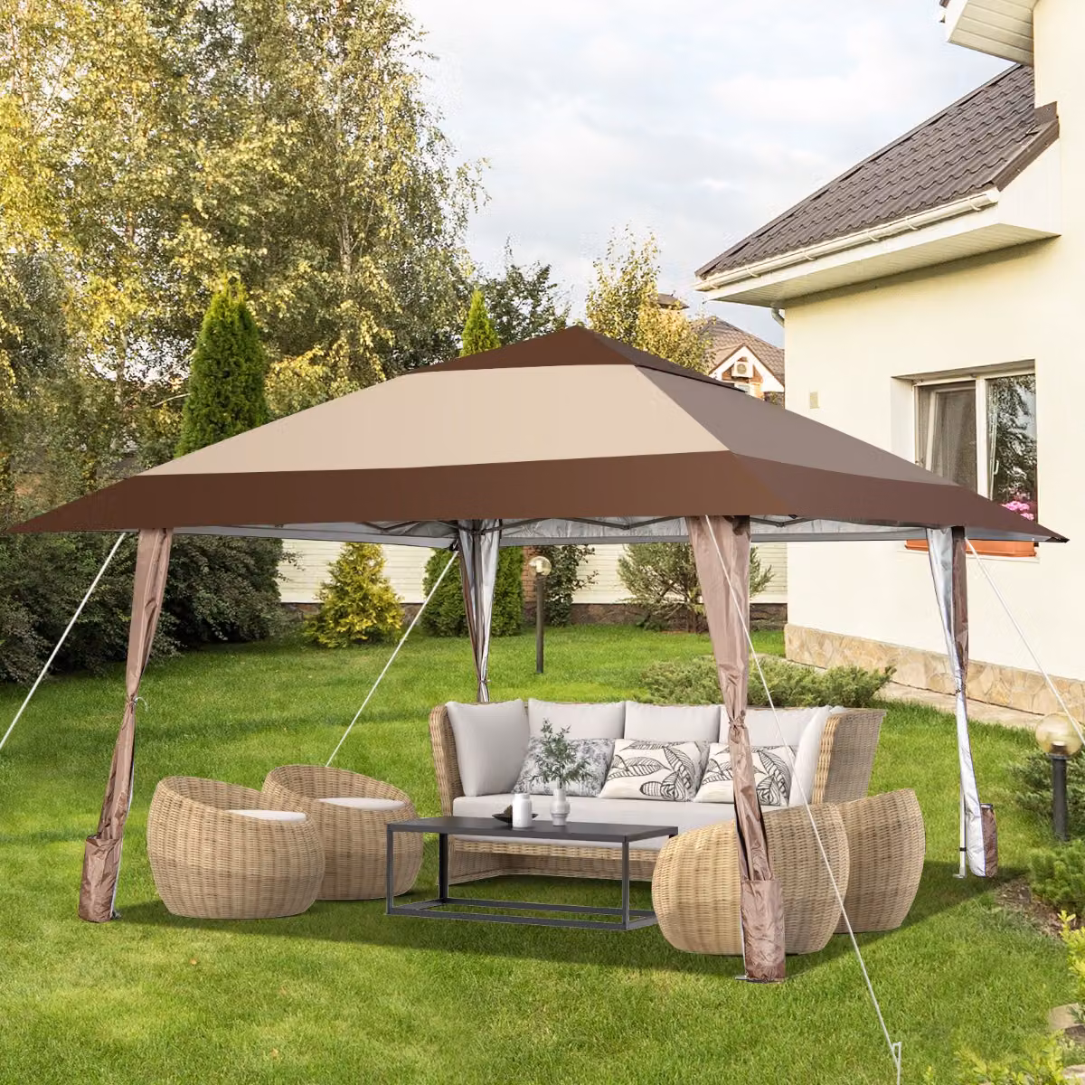 Costway Gazebo da patio portatile con ruote e protezione UPF 50+, tettoia pop-up impermeabile in metallo per esterno, Beige – 3