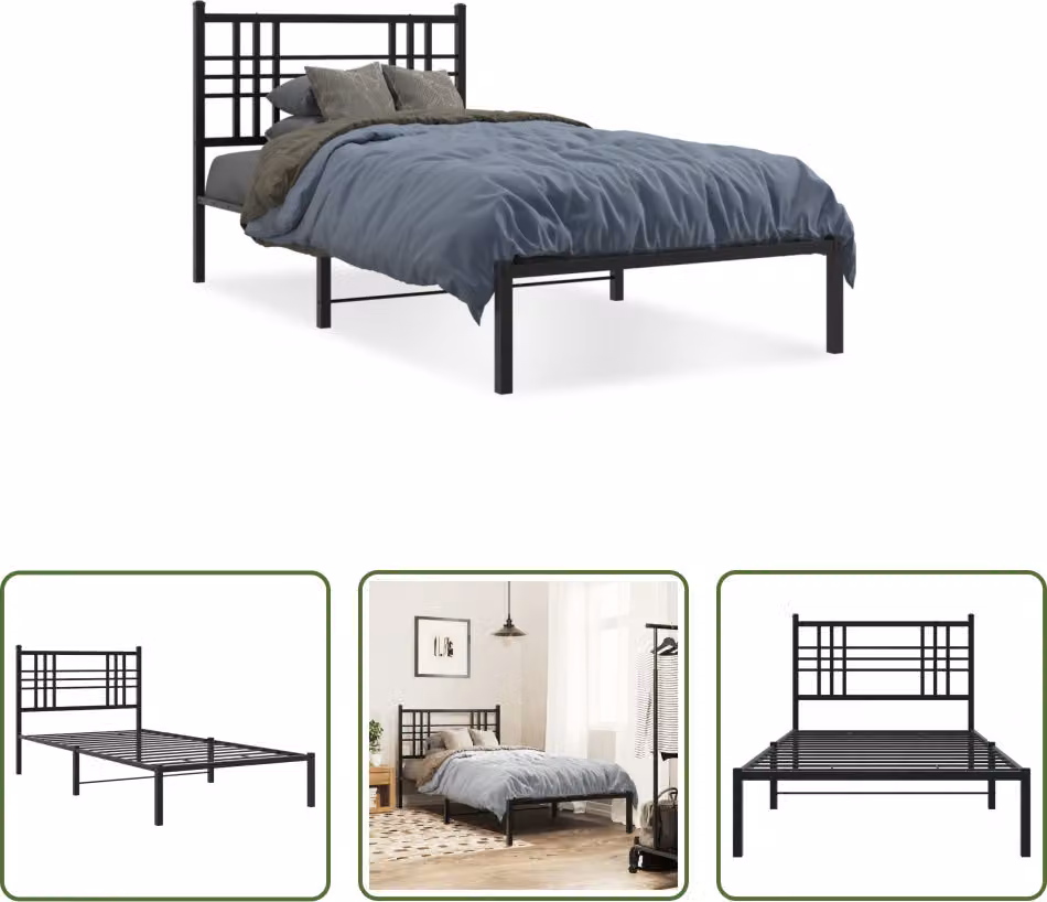 The Living Store Struttura letto con testiera in metallo nero 100x190 cm