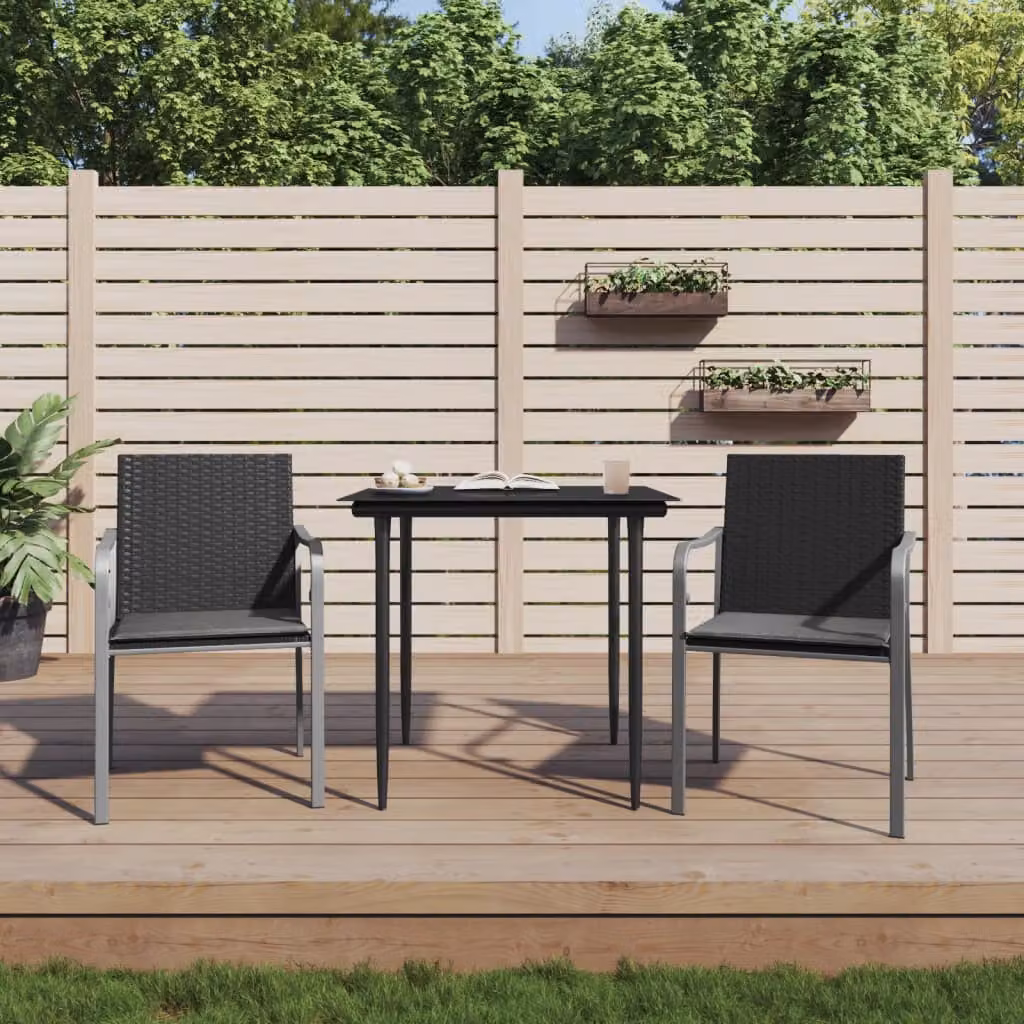 Set di 2 sedie da giardino con cuscini vidaXL in polyrattan e metallo, colore nero e grigio, L: 56 cm, P: 59 cm, H: 84 cm
