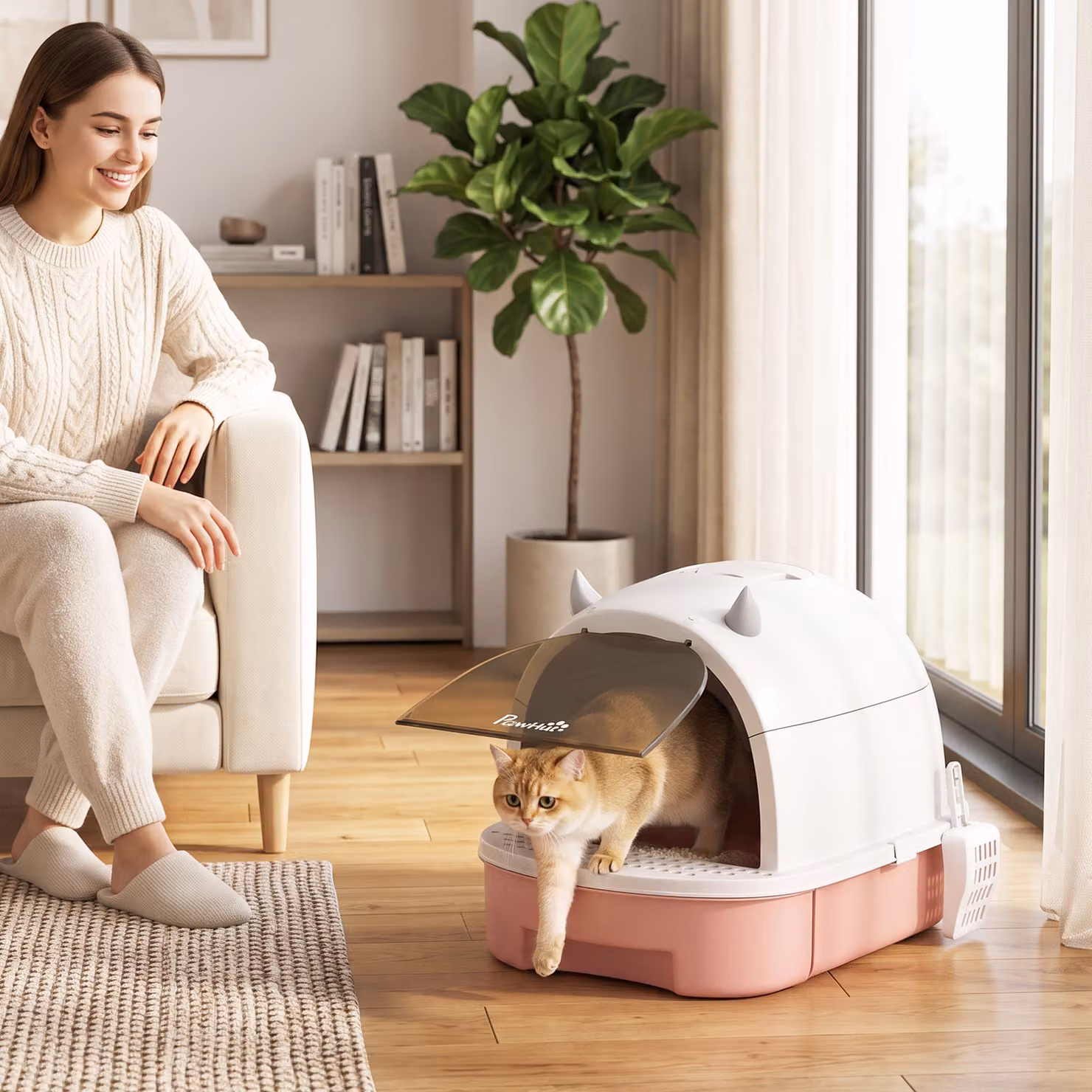 Lettiera per gatti chiusa PawHut con vassoio estraibile, paletta e filtro ai carboni attivi, rosa – 2