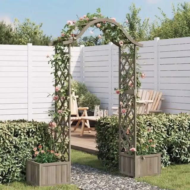 Pergola da Giardino Outsunny in Legno di Abete Grigio con Fioriera e Griglia per Piante H: 204 cm, L: 175 cm, P: 40 cm