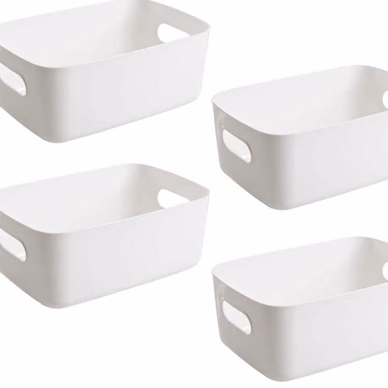 Set di 4 contenitori bianchi (20x14x7 cm) – Contenitori organizer in plastica – Per cucina, bagno, armadio e cameretta – Cassa porta giocattoli