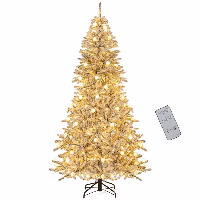 COSTWAY Albero di Natale artificiale da 210 cm con neve, 350 LED bianchi caldi, 65 luci a sfera, telecomando e timer, albero di Natale, abete di Natale
