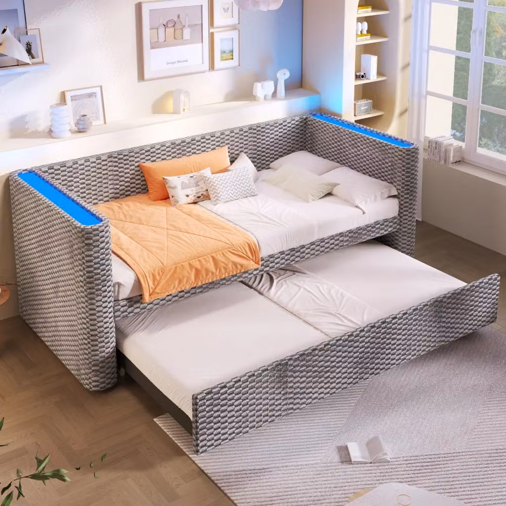Letto a scomparsa Chicfurn matrimoniale con illuminazione LED sottostante e contenitore, rivestimento in tessuto grigio, L/P/H: 180 x 200 x 150 cm – 2
