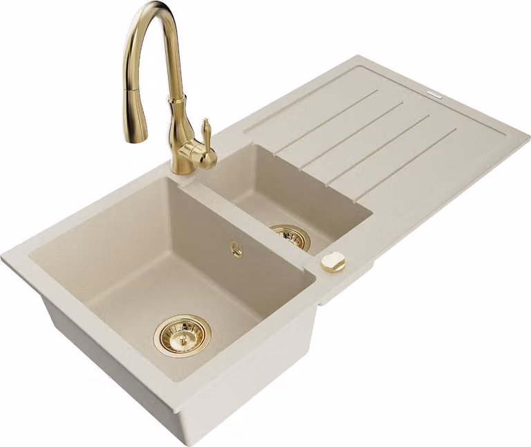 Mexen Andres lavello in granito 1,5 vasche con sgocciolatoio e rubinetto da cucina Savita, beige - 6515-69-672601-50