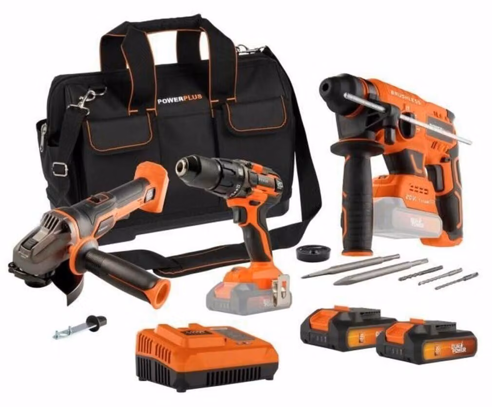 3-Tool Pack - DUAL POWER - 20 V - Drill/screwdriver + angle grinder + hammer drill - 2 batteries and charger - Bag