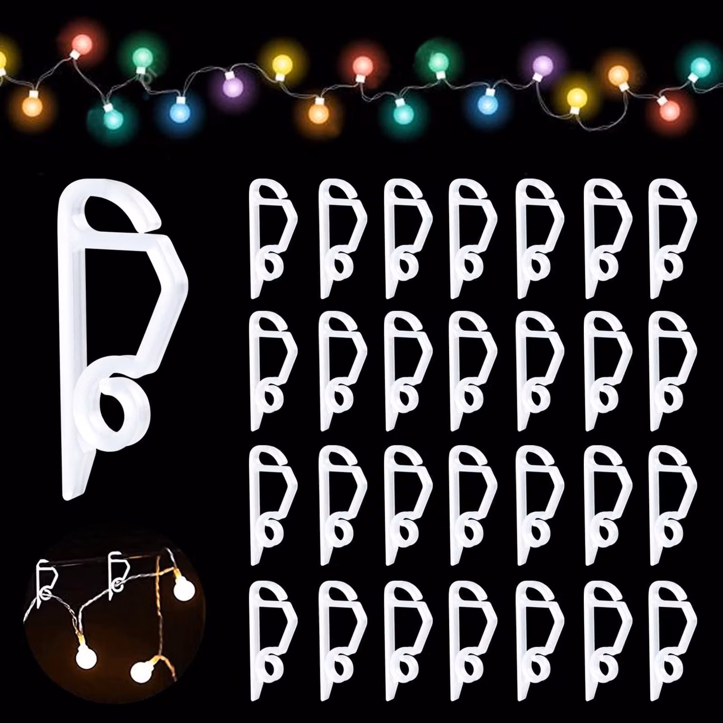100 ganci per grondaie, adatti per catene luminose, colore bianco, dimensioni 5 x 2,1 cm