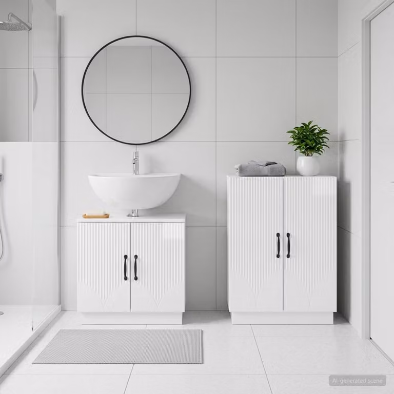 Set di mobili da bagno vidaXL HOORN composto da mobile lavabo e mobile laterale in legno bianco lucido L/P/H: 80,0 x 31,5 x 59,5 cm e 30,86 x 31,5 x 59,5 cm