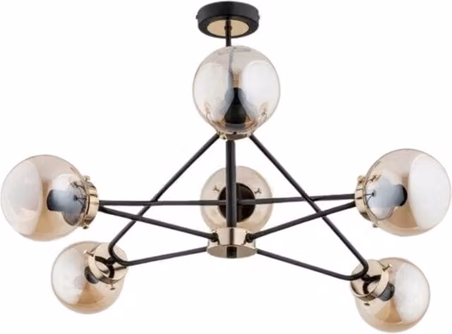 Lampadario moderno Alfa SAGITO con 5 sfere in vetro ambra, finitura nero e ottone, attacco E14