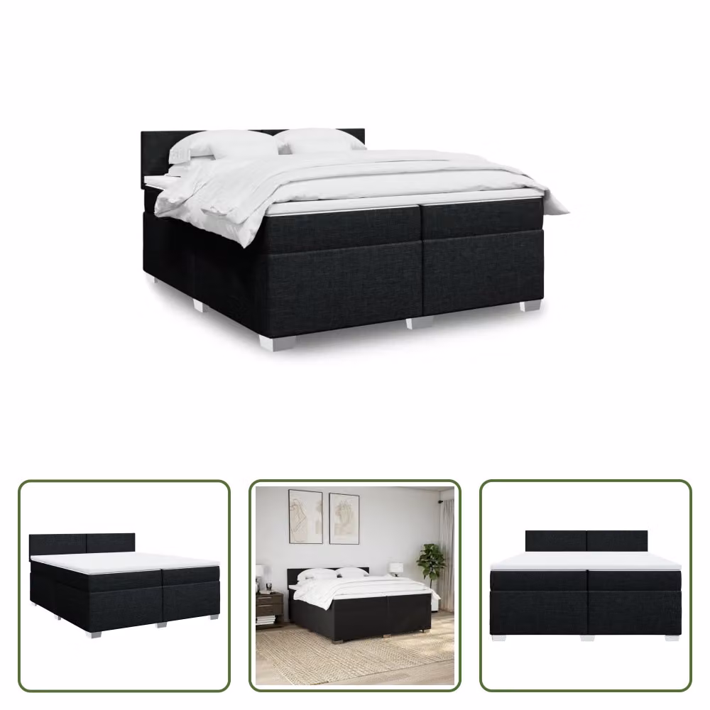 The Living Store Letto a molle con materasso nero 200x200 cm in tessuto