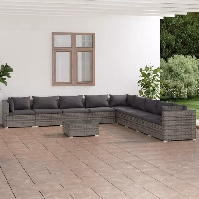Set di Divani da Giardino 10 Pezzi vidaXL in Polyrattan Grigio Antracite con Cuscini e Tavolino