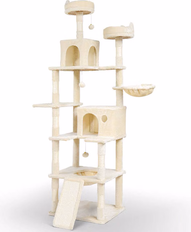 VOUNOT® Tiragraffi per gatti 215 cm, tiragraffi a più piani XXL, con cestino, palline di peluche, tronchi spessi, tiragraffi per gatti, beige