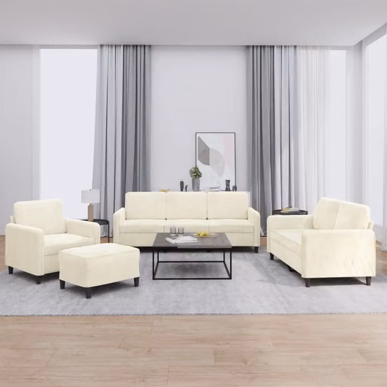 Set di divani moderno vidaXL in velluto beige composto da un divano a 3 posti, un divano a 2 posti, un pouf e cuscini coordinati