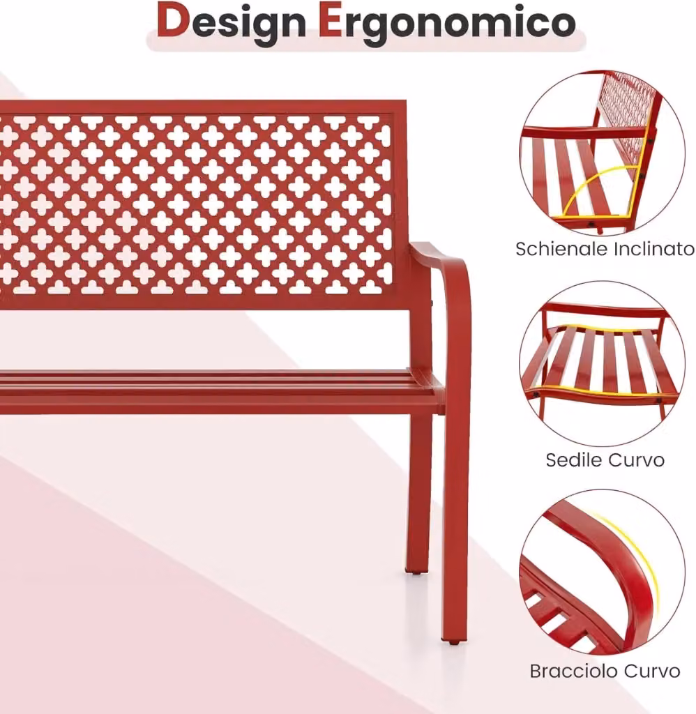 Panchina da giardino moderna Costway in metallo con schienale traforato e braccioli, colore rosso – 2