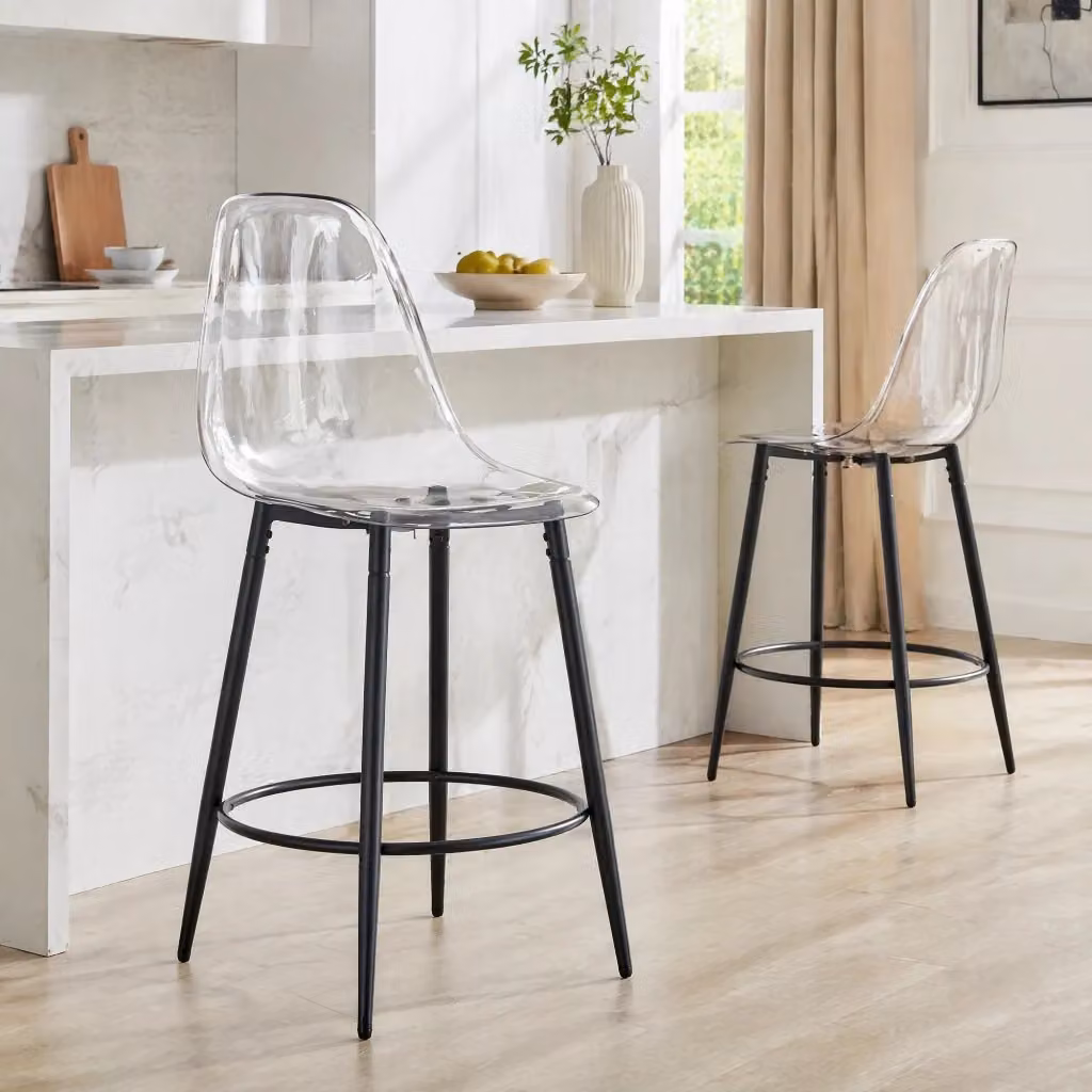 Set di 2 sgabelli da bar MIVRAY moderni con schienale in plastica trasparente e gambe in metallo nero, altezza seduta: 66 cm – 2