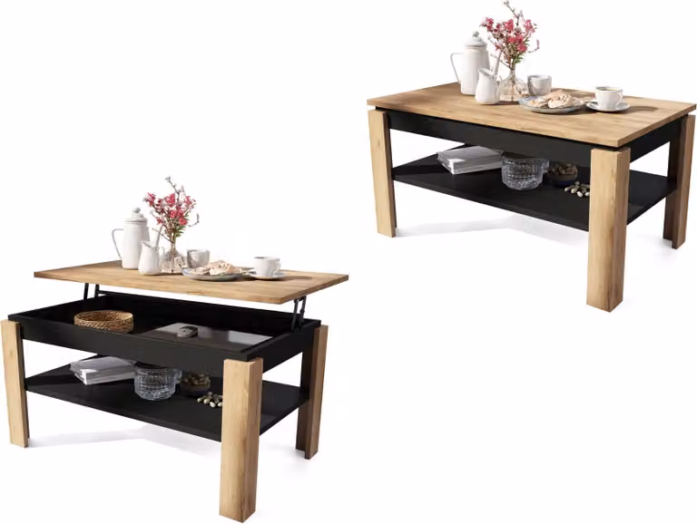 Tavolino allungabile Asti, modello P, per soggiorno, tavolino da caffè, tavolino con spazio contenitivo, con ripiano, altezza regolabile, 100x60 cm, finitura rovere dorato e nero