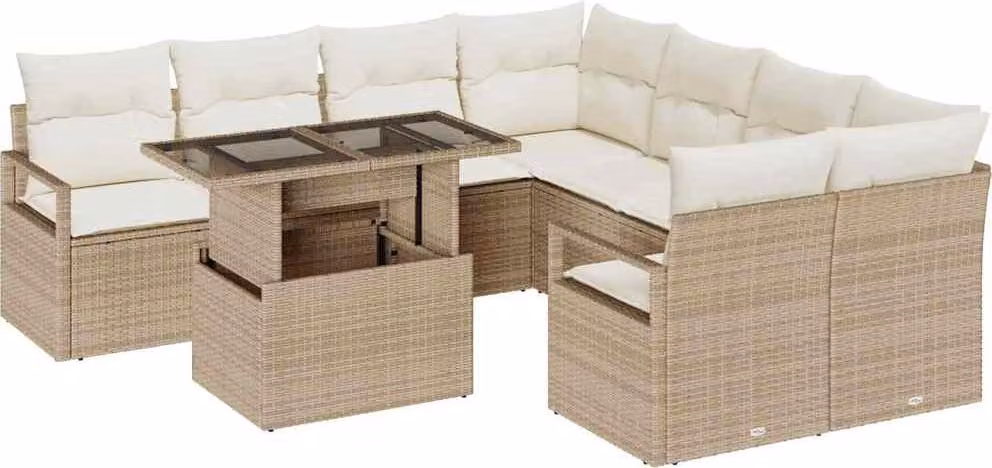 Set Divano da Giardino con cuscino 9 pcs Beige Poly Rattan