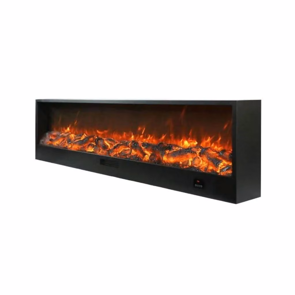 Caminetto Elettrico SINED Modello CAMINETTO-VESUVIO-200 in Acciaio Nero con Effetto Fiamma LED Regolabile a 6 Livelli, Potenza 750-1500W, con Telecomando, per Incasso o Appoggio, L: 200 cm – 2