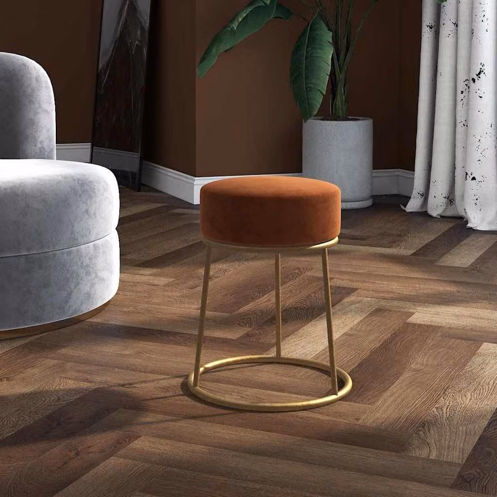 Sgabello rotondo vidaXL in velluto marrone con struttura in metallo dorato, Diametro: 30 cm, Altezza: 38 cm