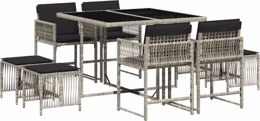 Set Pranzo da Giardino 9pz con Cuscini Grigio Chiaro Polyrattan