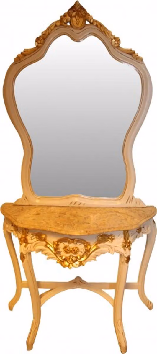 Consolle da parete in stile barocco della collezione Casa Padrino, con specchio e piano in marmo, color crema/oro, altezza 195 cm, aspetto antico