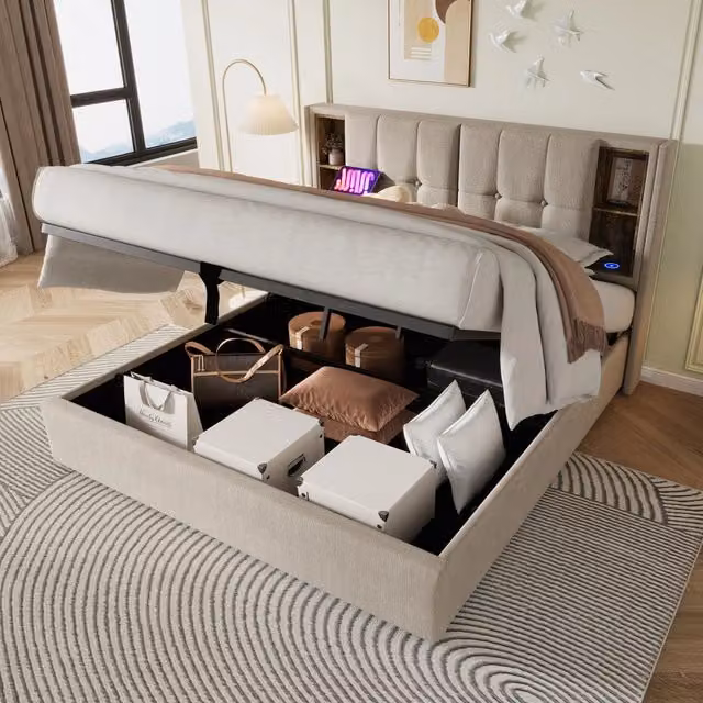 Letto contenitore matrimoniale OKWISH imbottito in tessuto beige con ricarica wireless, porte USB e tipo C e contenitore a sollevamento, L/P/H: 160 x 200 x 165 cm