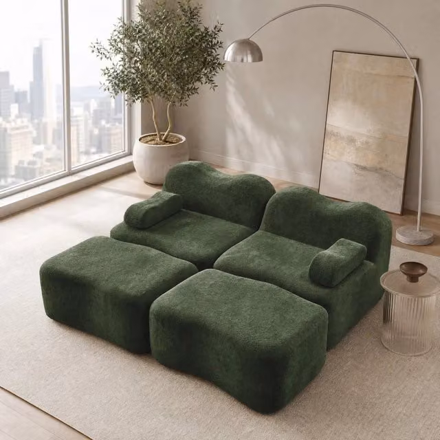 Divano modulare 192x167x70 cm in velluto verde, con 2 ottomani, per appartamenti piccoli –