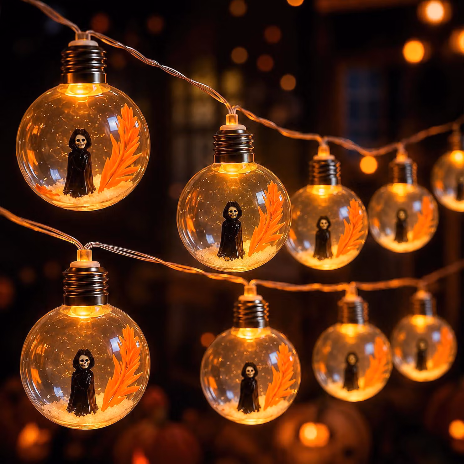Catena luminosa a tema Halloween, 2 metri, 10 LED, con motivi di zucca, fantasma e strega