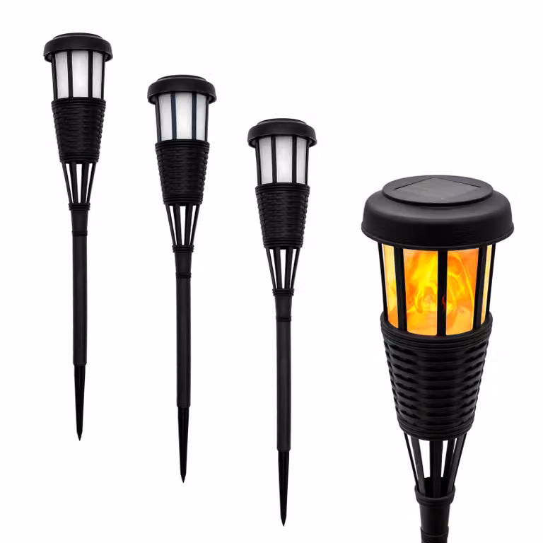 1.01 Torcia solare da giardino a LED in rattan - 4 pezzi - Luce solare con effetto fiamma (4 pezzi)