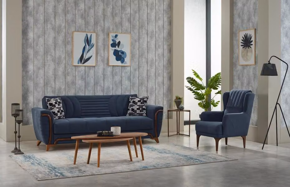 Gruppe Couch Dreisitzer Sessel 3 Sitzer Stoffsofa Polstersofa Blau Set