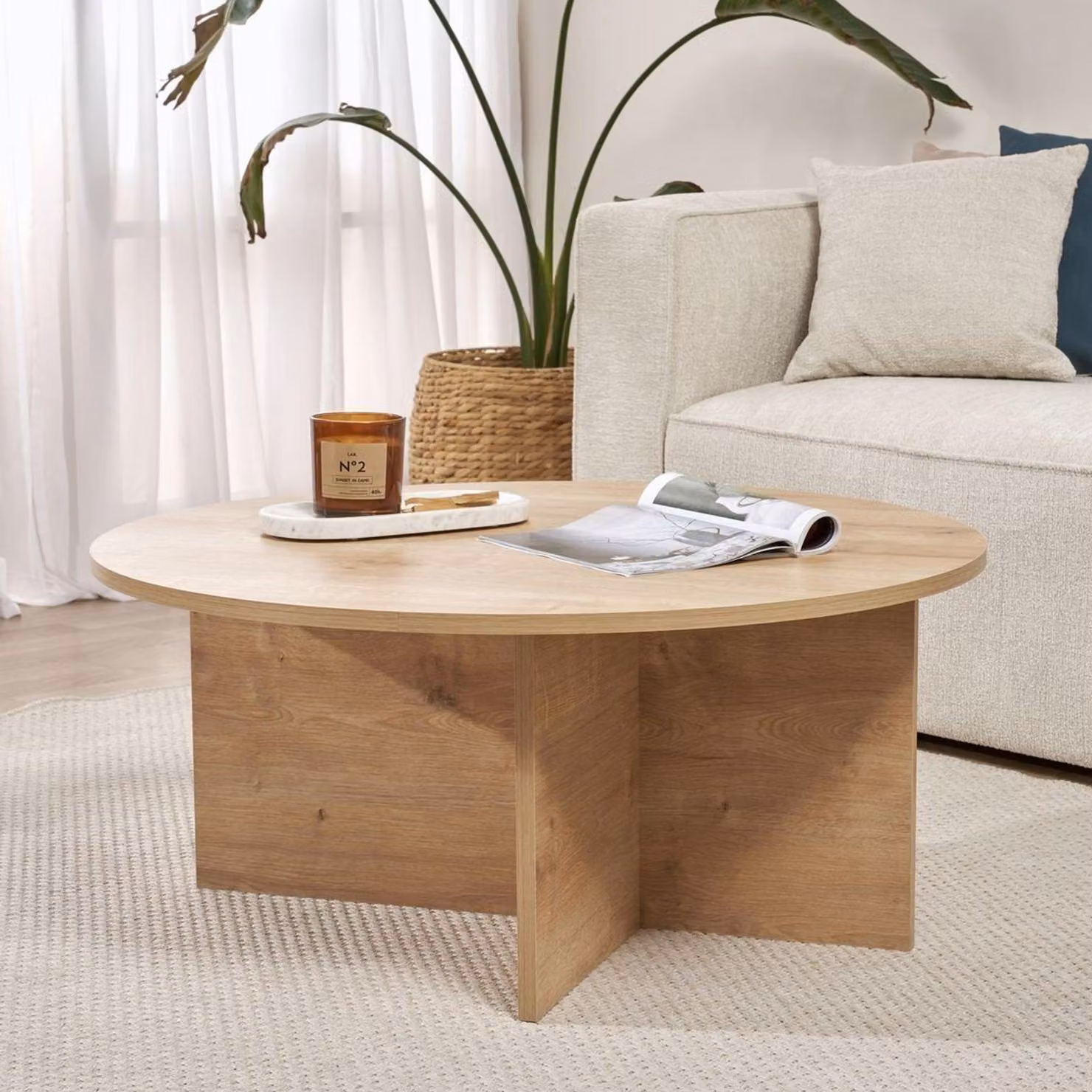 Dmora Tavolino da Salotto Simbario 90x90x40h cm Marrone Rovere, Forma Rotondo Materiale Piano in Legno Nobilitato