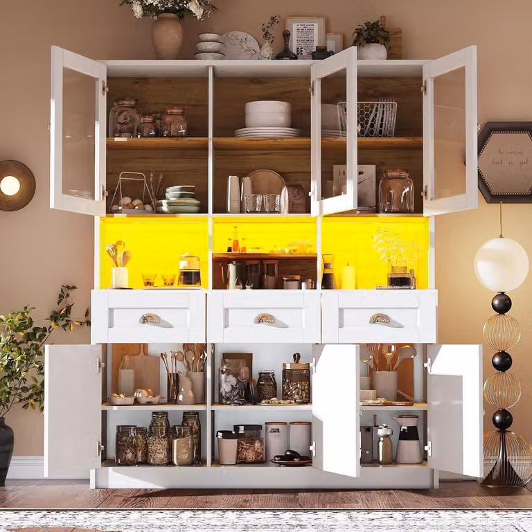 Armadio alto da cucina con illuminazione a LED e porta in vetro, 140x40x175 cm, colore bianco