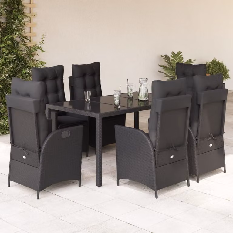 Set da Pranzo da Giardino vidaXL 7 pz in Polyrattan Nero con Piano in Vetro