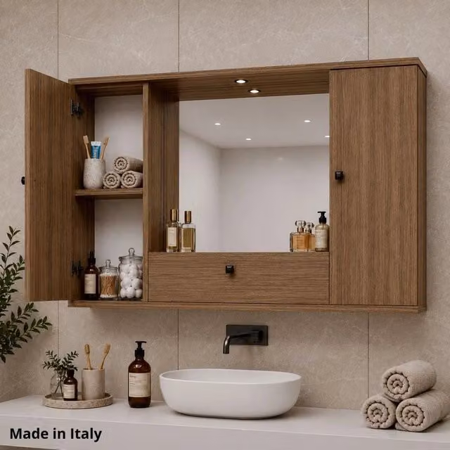 Mobile bagno pensile 3 ante con Specchio colore noce naturale 93x14x61H