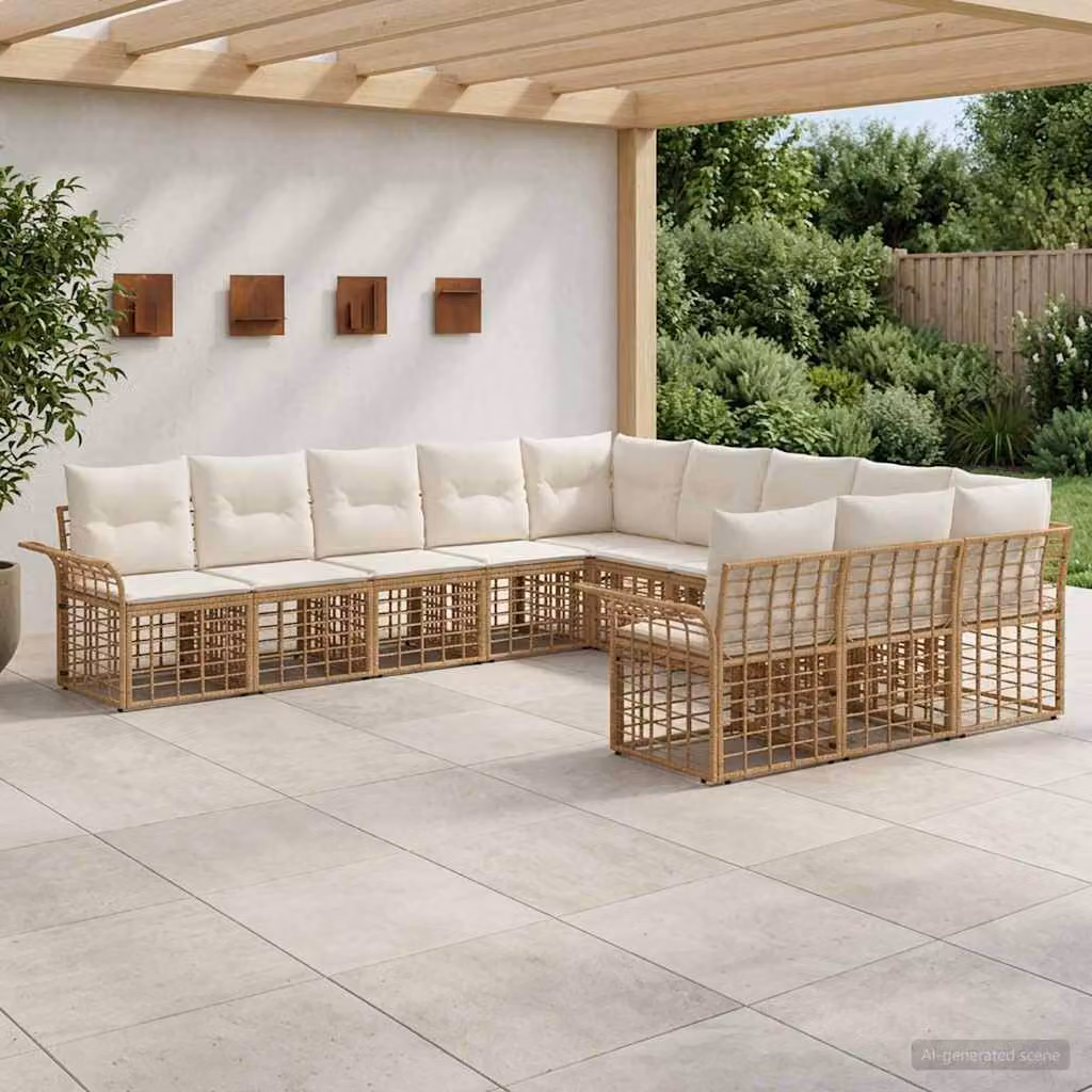 Set di divani da esterno vidaXL 11 pz a forma di U in stile moderno con cuscini, colore beige e bianco crema