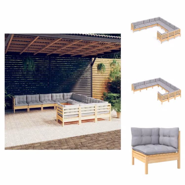 vidaXL set salotto da giardino 11 pezzi con cuscini grigi in legno di pino - Set di mobili da giardino