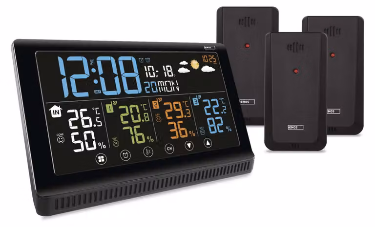 Stazione meteorologica wireless EMOS con 3 sensori esterni e porta USB, termometro, igrometro, previsioni, display comfort, supporto/supporto a parete, alimentatore, E8614
