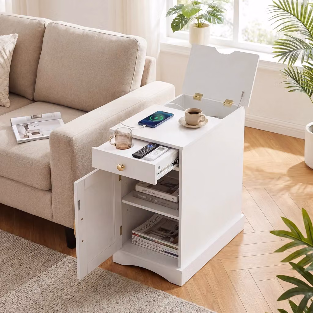 Tavolino da divano con stazione di ricarica e cassetto, comodino stretto con ripiano regolabile per soggiorno o camera da letto, Bianco e Oro – 2