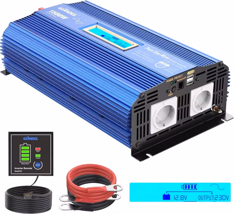Convertitore di potenza da 1500 W, 12 V a 230 V, con onda sinusoidale pura, dotato di 2 prese di corrente AC, 2 porte USB da 2,4 A, telecomando e display LCD, ideale per camper