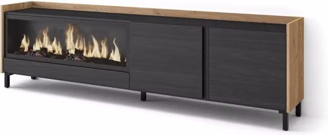Mobile TV Soggiorno, 212x61x35 cm, Per TV fino a 80", Camino elettrico XXL, Design industriale, Nero e rovere