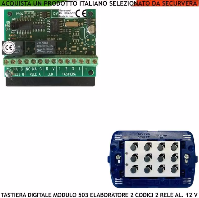 Tastiera Interna Elettronica Digitale Securvera Modulo 503 con Elaboratore Remoto per 2 Attivazioni Antifurto, Codici DTMF a 6 Cifre, 2 LED, 2 Relè Programmabili e Protezione IP44